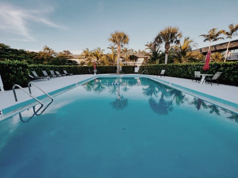 Lovely Communal pool with luscious gardens all around. You have dining tables and lounge chairs available.