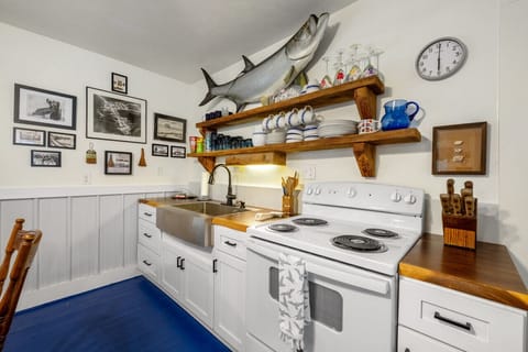 Small kitchen with electric oven and farm sink