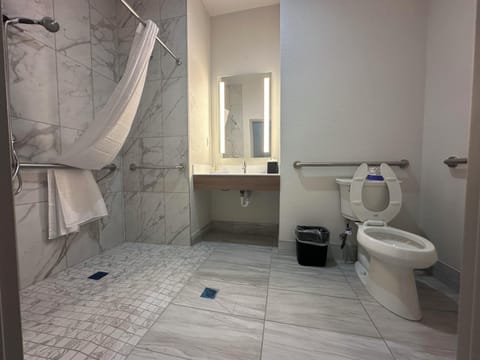 Combined shower/tub, free toiletries, hair dryer, towels