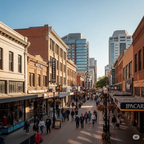 Vibrant view of Calgary’s bustling downtown streets filled with life and energy.