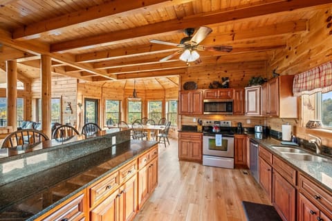 Enter the cabin through the large kitchen.