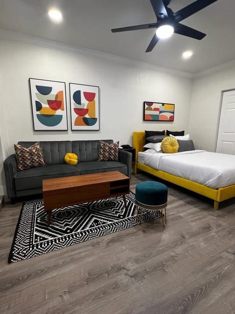 Queen bed and sofa bed.