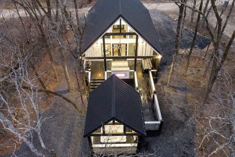 Overhead view of the cabin and hot tub gazebo