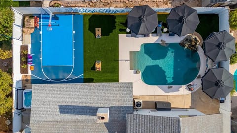 An aerial view of our backyard reveals its expansive and beautifully designed layout