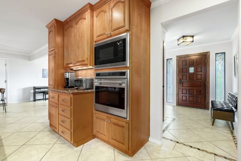 Microwave, second Wolfe oven, toaster oven, and essential coffee station.