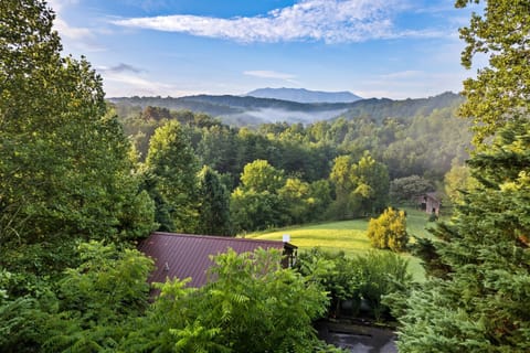Bird’s-eye view of the cabin, meadow, and rolling mountains beyond—a peaceful Smoky Mountain setting