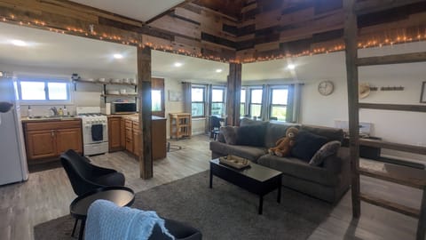 Fully updated space with a vaulted ceiling above the living room