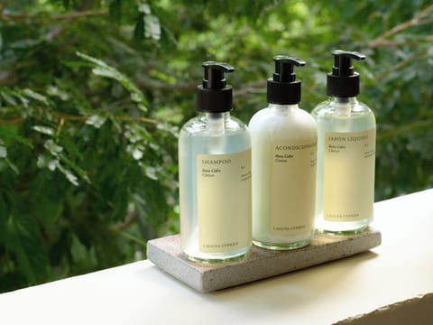 Shower, rainfall showerhead, eco-friendly toiletries, towels