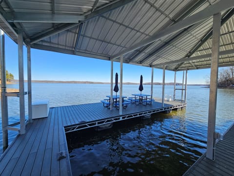 Shaded dock hangout with picnic tables & panoramic views