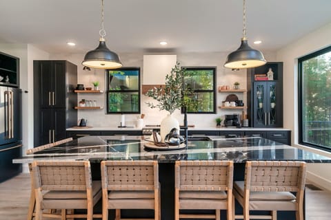 Fully stocked modern kitchen with everything needed for cooking large group meals