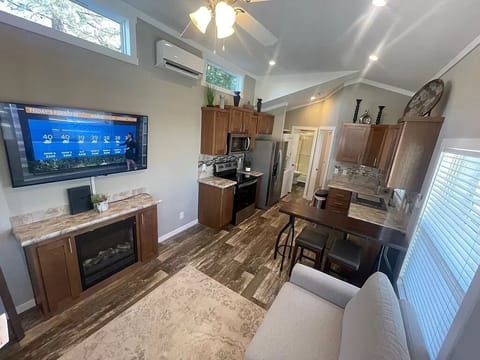 climate control, couch, stovetop, interior, refrigerator, living area, indoor, oven, television, microwave, kitchen visible
