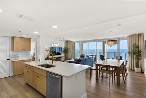 Kitchen, dining area, living room