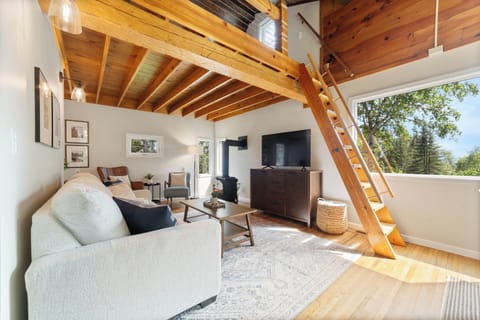 The cozy living room offers a gas stove fireplace, TV, extra blankets, games and a sleeper sofa