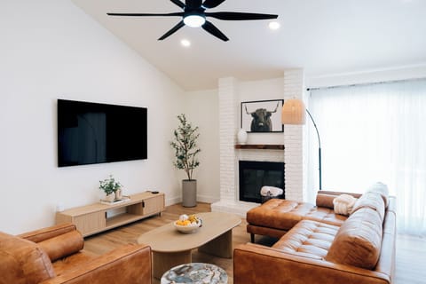 Cozy living room with a 75" TV