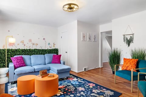 Living room with eclectic couch, airy ambience, and plush couch
