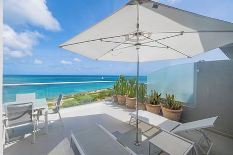 A beachfront terrace with ocean views, shaded seating, and potted plants positioned along the turquoise coast under clear skies.