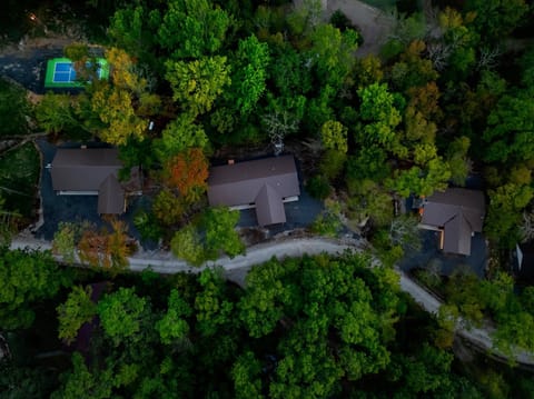 "Aerial View of Three Charming Cabins: Muskoka Loon, Muskoka Moose, and Muskoka Little Blue Penguin – With Pickleball Court and Playground."