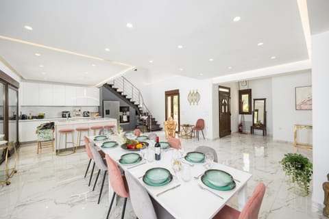 Open-plan living room with sofas, dining area, kitchen, ornamental fireplace, A/C, WiFi internet, satellite TV, and mezzanine