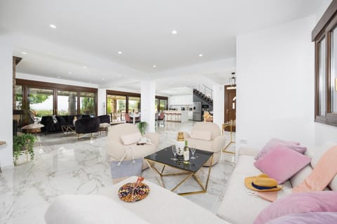 Open-plan living room with sofas, dining area, kitchen, ornamental fireplace, A/C, WiFi internet, satellite TV, and mezzanine