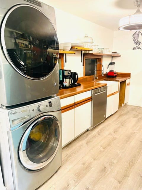 The apartment has a laundry machine and dryer available.