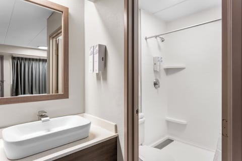 Combined shower/tub, hair dryer, towels