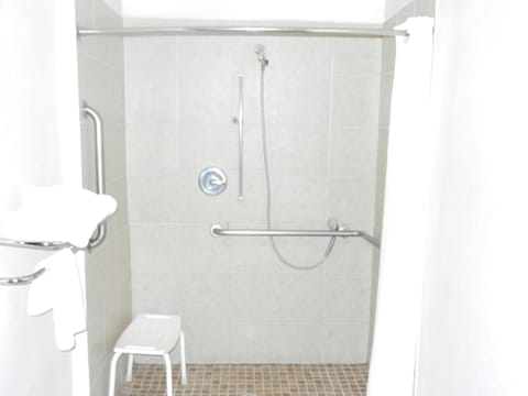 Room, 2 Queen Beds, Accessible, Non Smoking (Mobility,roll-in shower) | Bathroom | Combined shower/tub, hair dryer, towels