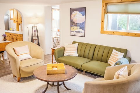 Bright and open living room with a couch that turns into a fold-out bed. 