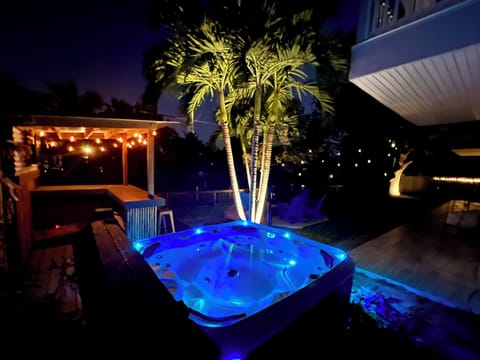 Backyard oasis with hot tub, tiki bar, fire pit, dining area, dock & games