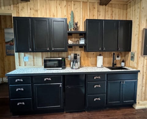 Kitchenette-the mini fridge/freezer is in the center of the bottom cabinets