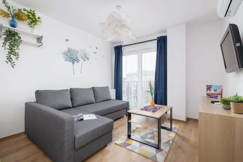 A modern living room with a gray sofa, wooden coffee table, TV, and large window with blue curtains.