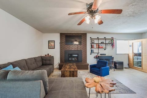 Curl up on our comfy L-shaped sofa and enjoy the warmth of the fireplace.