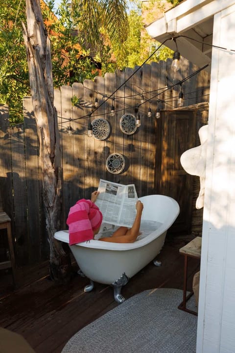 Take a cold refreshing epsom salt bath on a hot summer day in the outdoor clawfoot tub.