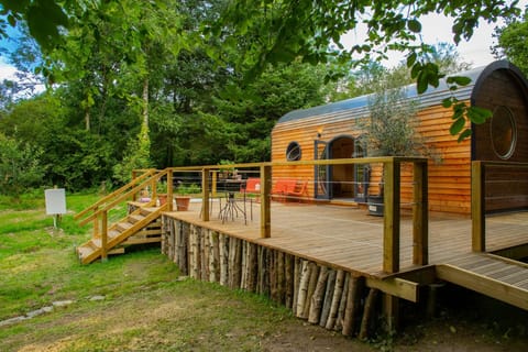 Steps leading to the raised deck and lodge