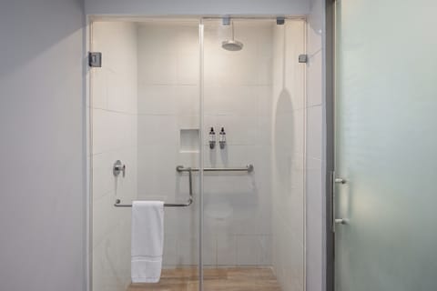 Shower, rainfall showerhead, free toiletries, hair dryer