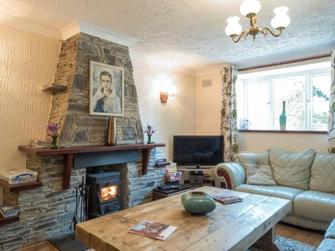 Lounge in Oaktree Cottage, log burning stove, sofa, coffee table, TV and window