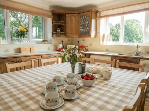 Kitchen table and chairs set for tea, two large windows