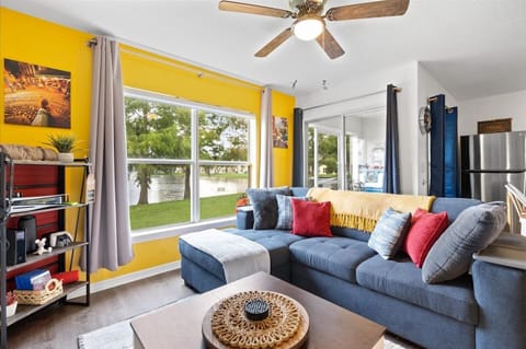 Our living room has a great view of the lake.
The couch pulls out to almost a queen with bedding in the chase lounge.
