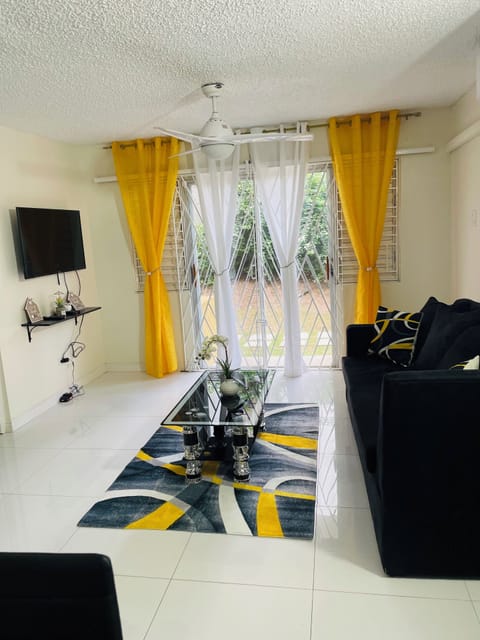 Spacious living room with AC, TV