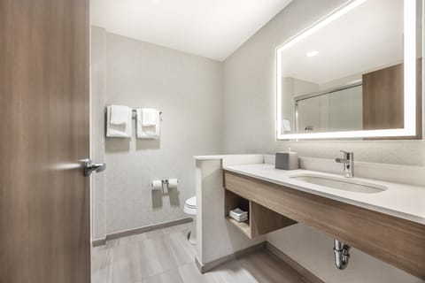 Hydromassage showerhead, free toiletries, hair dryer, towels