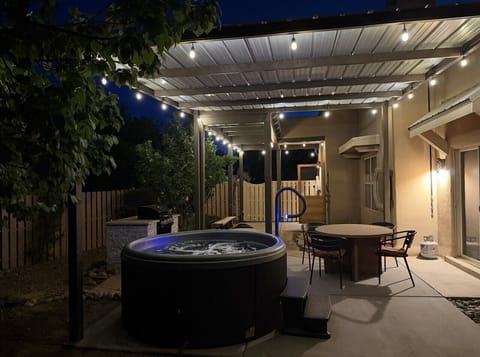 Pergola lit up at night