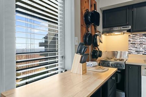 The sleek kitchen offers ample space & all the comforts of home