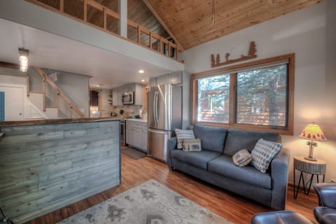 Living room with sofa sleeper, electric fireplace, and flat screen TV. 

Note: Loft is off limits for guests. 