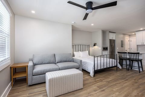 Studios feature queen beds and sleep sofas.