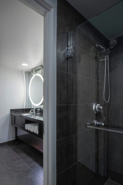 Designer toiletries, hair dryer, towels