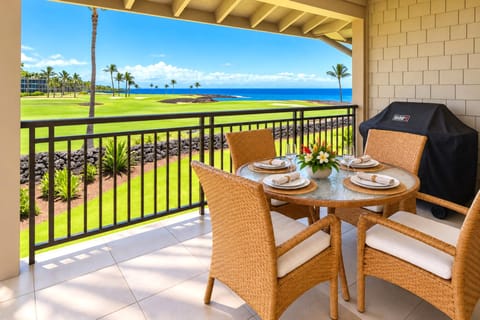 Lanai with gas grill at Halii Kai HLI-12A — oceanfront dining just steps from the fairway and Pacific surf