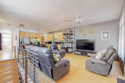 Living room and kitchen are upstairs
