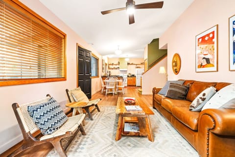 View from the living room towards the open dining and kitchen