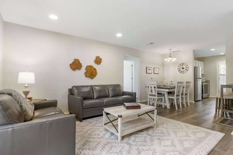 Open living, dining space