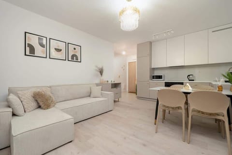Bright and spacious living room with a modern gray sofa, minimalist table, and subtle lighting, perfect for relaxation and social gatherings at the apartment on Słoneczna 1A.