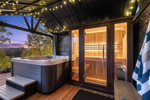 Enjoy the outdoor spa pergola area with 7-person hot tub and 4 person sauna.